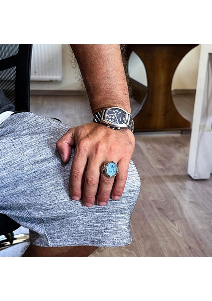 925 Ayar Gümüş Erkek Yüzük, Oluşturulmuş Taş, El Yapımı Vintage Tasarım Ifade Yüzüğü (Oluşturulmuş Açık Mavi Paraiba) modelleri