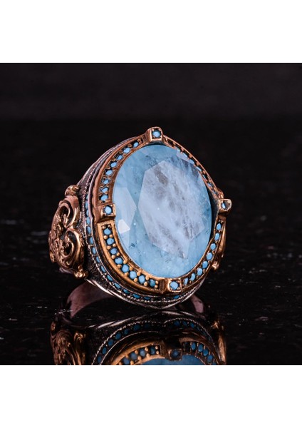 925 Ayar Gümüş Erkek Yüzük, Oluşturulmuş Taş, El Yapımı Vintage Tasarım Ifade Yüzüğü (Oluşturulmuş Açık Mavi Paraiba) indirimleri