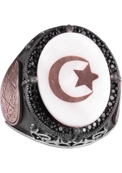 El Yapımı Desenli Yüzük - 925 Ayar Gümüş Erkek Yüzüğü - Davut Yıldızı Takısı (Yıldız ve Hilal)