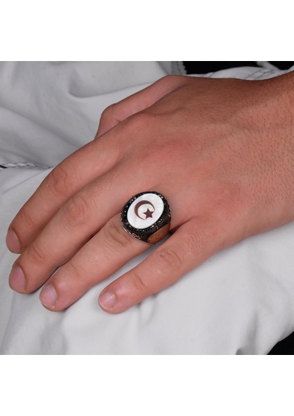 El Yapımı Desenli Yüzük - 925 Ayar Gümüş Erkek Yüzüğü - Davut Yıldızı Takısı (Yıldız ve Hilal) modelleri