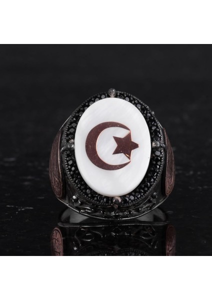 El Yapımı Desenli Yüzük - 925 Ayar Gümüş Erkek Yüzüğü - Davut Yıldızı Takısı (Yıldız ve Hilal) fırsatları