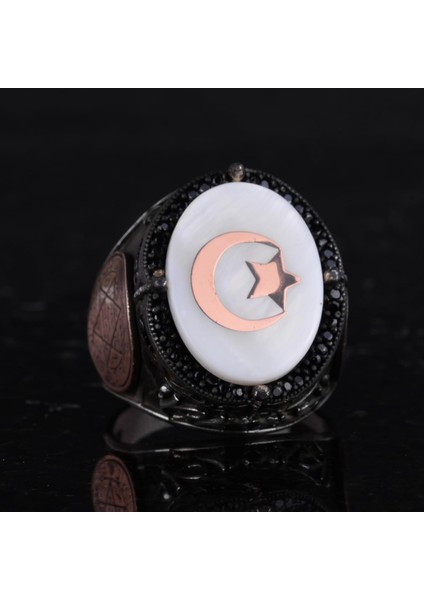 El Yapımı Desenli Yüzük - 925 Ayar Gümüş Erkek Yüzüğü - Davut Yıldızı Takısı (Yıldız ve Hilal) indirimleri