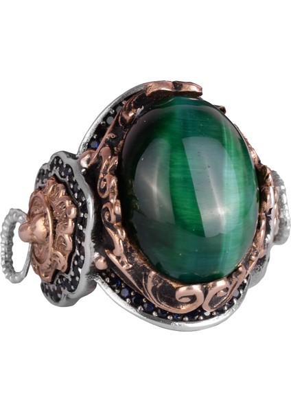 Aslan Sembolü Yüzük, Yeşil Kedi Gözü Taşlı Yüzük, 925 Ayar Gümüş Erkek Yüzük