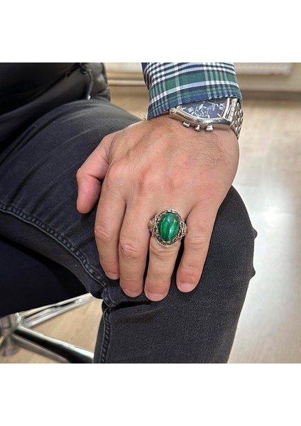 Aslan Sembolü Yüzük, Yeşil Kedi Gözü Taşlı Yüzük, 925 Ayar Gümüş Erkek Yüzük modelleri
