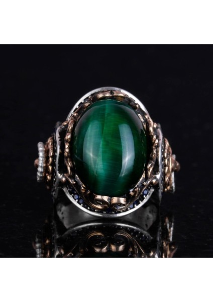 Aslan Sembolü Yüzük, Yeşil Kedi Gözü Taşlı Yüzük, 925 Ayar Gümüş Erkek Yüzük fırsatları