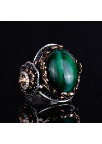 Aslan Sembolü Yüzük, Yeşil Kedi Gözü Taşlı Yüzük, 925 Ayar Gümüş Erkek Yüzük indirimleri