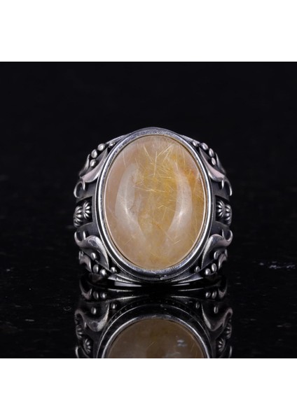 Doğal Cabochon Altın Rutilatlı Kuvars Taşlı Yüzük, Tasarım Gümüş Erkek Yüzüğü, 925 Ayar Sert Gümüş Erkek Yüzüğü fırsatları