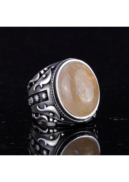 Doğal Cabochon Altın Rutilatlı Kuvars Taşlı Yüzük, Tasarım Gümüş Erkek Yüzüğü, 925 Ayar Sert Gümüş Erkek Yüzüğü indirimleri