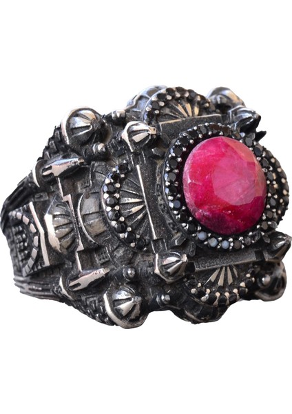 Erkekler Için Lüks 925 Ayar Gümüş Yüzük - Yakut Taşlı - Zarif ve Görkemli Tasarım