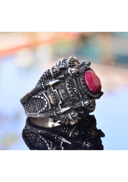 Erkekler Için Lüks 925 Ayar Gümüş Yüzük - Yakut Taşlı - Zarif ve Görkemli Tasarım fırsatları