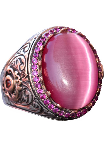 925K Erkek Sterlin Gümüş Yüzük - Pembe Kedi Göz Taşı Kral Yüzüğü - El Yapımı Erkek Takısı