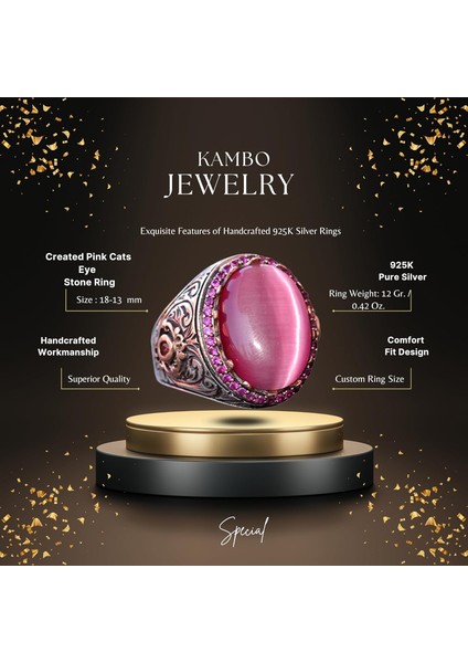 925K Erkek Sterlin Gümüş Yüzük - Pembe Kedi Göz Taşı Kral Yüzüğü - El Yapımı Erkek Takısı fiyatları