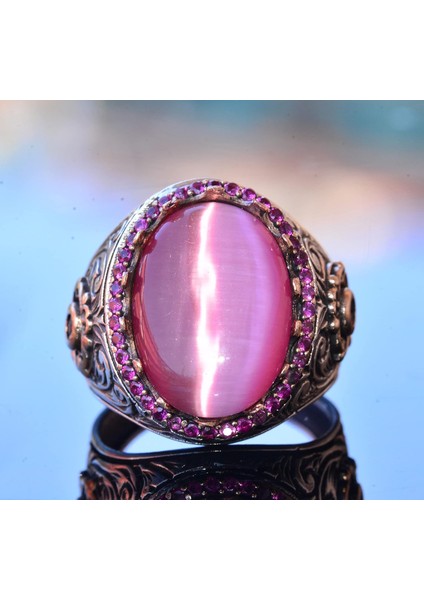 925K Erkek Sterlin Gümüş Yüzük - Pembe Kedi Göz Taşı Kral Yüzüğü - El Yapımı Erkek Takısı modelleri