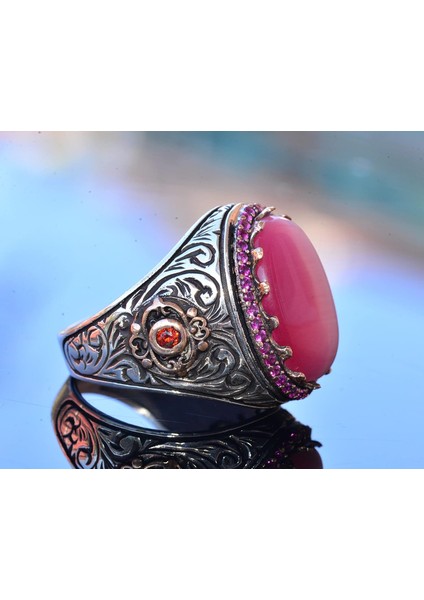 925K Erkek Sterlin Gümüş Yüzük - Pembe Kedi Göz Taşı Kral Yüzüğü - El Yapımı Erkek Takısı fırsatları