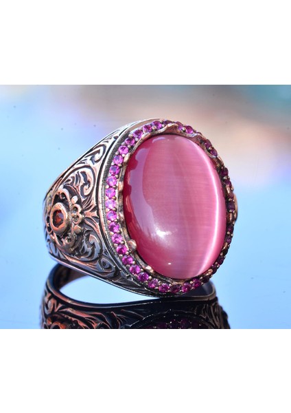 925K Erkek Sterlin Gümüş Yüzük - Pembe Kedi Göz Taşı Kral Yüzüğü - El Yapımı Erkek Takısı indirimleri