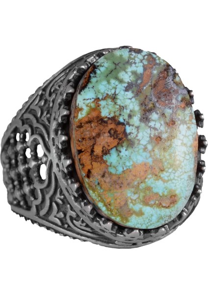 Doğal Arizona Turkuaz Taş Yüzük - 925 Ayar Gümüş Yüzük - Kral Yüzük (Tarz-1)