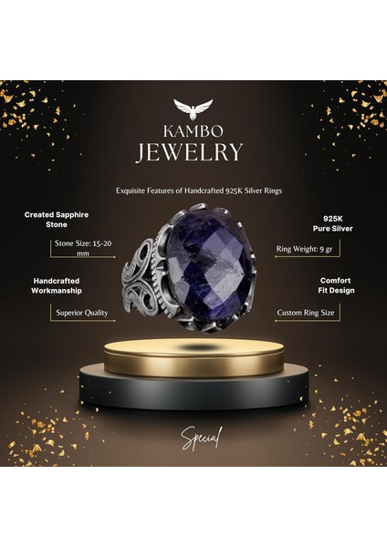 925 Ayar Gümüş Erkek Yüzük - Farklı Yaratılmış Taş Seçenekleri ile (Siyah Safir Yaratılmış Taş) fiyatları