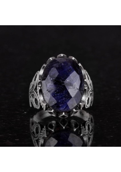 925 Ayar Gümüş Erkek Yüzük - Farklı Yaratılmış Taş Seçenekleri ile (Siyah Safir Yaratılmış Taş) fırsatları