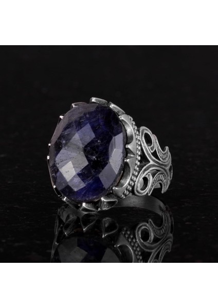 925 Ayar Gümüş Erkek Yüzük - Farklı Yaratılmış Taş Seçenekleri ile (Siyah Safir Yaratılmış Taş) indirimleri