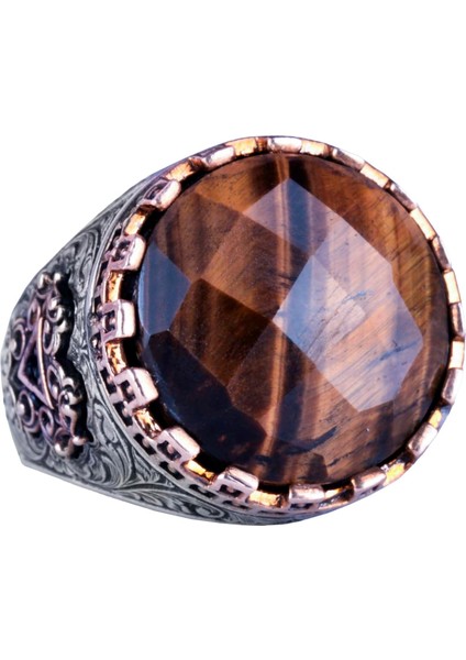 Doğal Taş Yüzük - El Yapımı Kral Yüzüğü - 925 Ayar Gümüş Yüzük (Kaplan Göz)