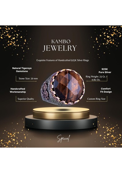 Doğal Taş Yüzük - El Yapımı Kral Yüzüğü - 925 Ayar Gümüş Yüzük (Kaplan Göz) fiyatları