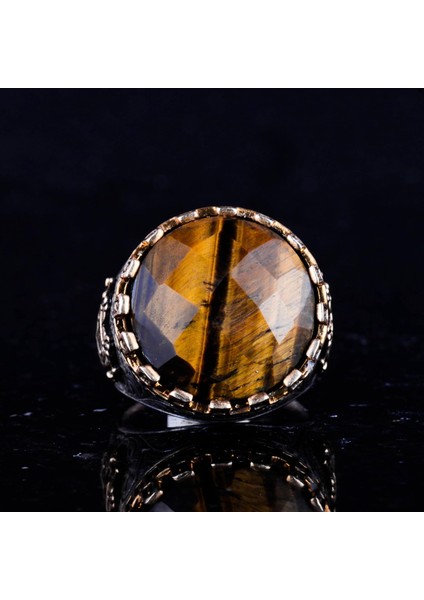 Doğal Taş Yüzük - El Yapımı Kral Yüzüğü - 925 Ayar Gümüş Yüzük (Kaplan Göz) fırsatları