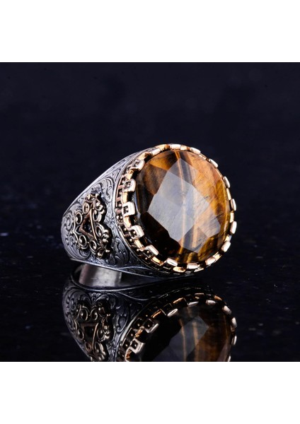 Doğal Taş Yüzük - El Yapımı Kral Yüzüğü - 925 Ayar Gümüş Yüzük (Kaplan Göz) indirimleri
