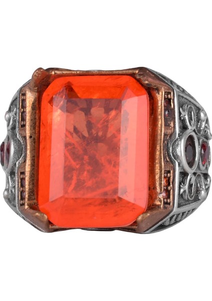 925 Ayar Gümüş El Yapımı Erkek Yüzük - Yapay Taş Yüzük - Erkek Yüzük (Yapay Turuncu Paraiba)