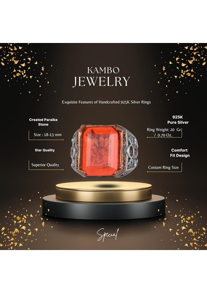 925 Ayar Gümüş El Yapımı Erkek Yüzük - Yapay Taş Yüzük - Erkek Yüzük (Yapay Turuncu Paraiba) fiyatları