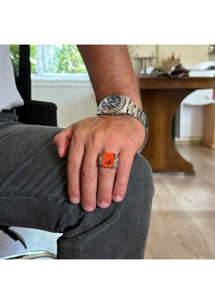 925 Ayar Gümüş El Yapımı Erkek Yüzük - Yapay Taş Yüzük - Erkek Yüzük (Yapay Turuncu Paraiba) modelleri