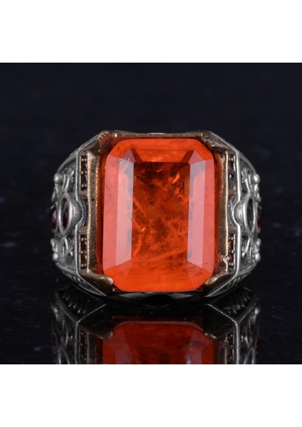 925 Ayar Gümüş El Yapımı Erkek Yüzük - Yapay Taş Yüzük - Erkek Yüzük (Yapay Turuncu Paraiba) fırsatları