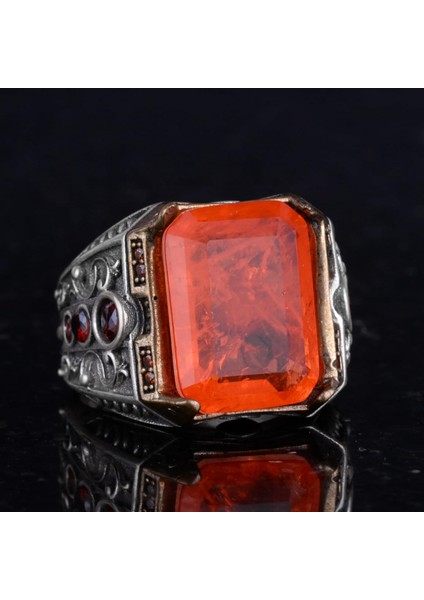 925 Ayar Gümüş El Yapımı Erkek Yüzük - Yapay Taş Yüzük - Erkek Yüzük (Yapay Turuncu Paraiba) indirimleri