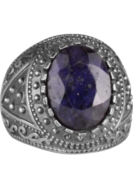 Doğal Taş Yüzük, 925 Ayar Sterlin Gümüş Erkek Yüzük (Mavi Safir)
