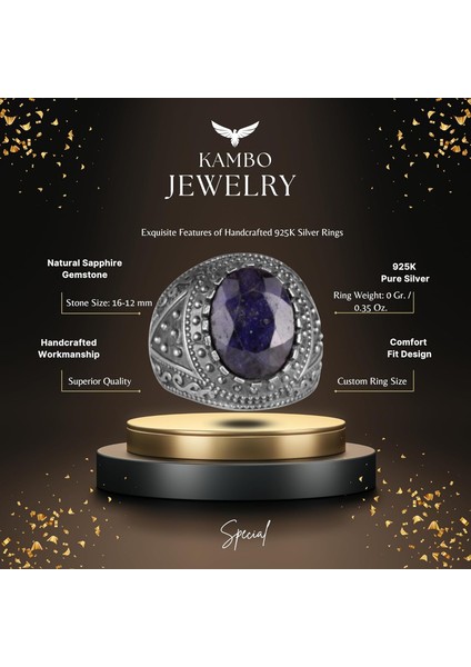 Doğal Taş Yüzük, 925 Ayar Sterlin Gümüş Erkek Yüzük (Mavi Safir) fiyatları