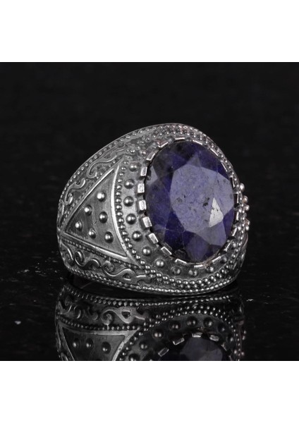 Doğal Taş Yüzük, 925 Ayar Sterlin Gümüş Erkek Yüzük (Mavi Safir) indirimleri