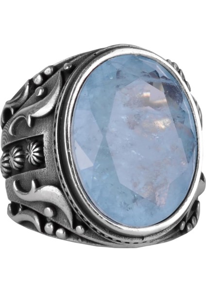 925 Ayar Gümüş Yüzük, Tasarım Gümüş Erkek Yüzük (Açık Mavi Paraiba Taşı)