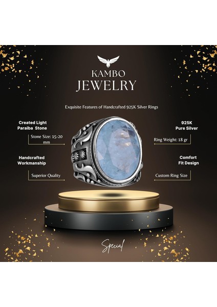 925 Ayar Gümüş Yüzük, Tasarım Gümüş Erkek Yüzük (Açık Mavi Paraiba Taşı) fiyatları