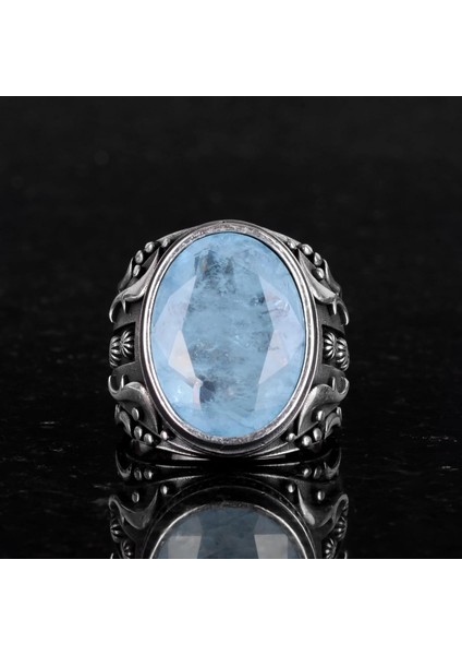925 Ayar Gümüş Yüzük, Tasarım Gümüş Erkek Yüzük (Açık Mavi Paraiba Taşı) modelleri