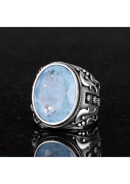 925 Ayar Gümüş Yüzük, Tasarım Gümüş Erkek Yüzük (Açık Mavi Paraiba Taşı) fırsatları
