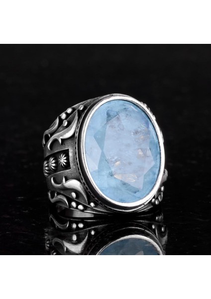 925 Ayar Gümüş Yüzük, Tasarım Gümüş Erkek Yüzük (Açık Mavi Paraiba Taşı) indirimleri