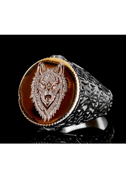 Erkekler Için Gümüş Yüzük - Kurt Başı Tasarımı ve Altın Vurgu ile indirimleri