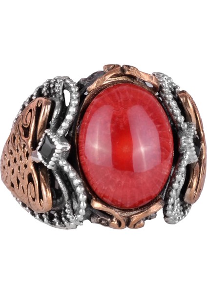 Doğal Mercan Taşı Yüzük, 925 Ayar Gümüş Yüzük Erkekler Için, Oval Kırmızı Mercan Yüzük