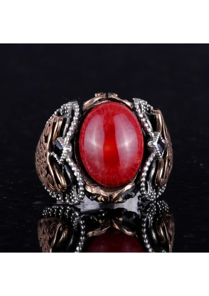 Doğal Mercan Taşı Yüzük, 925 Ayar Gümüş Yüzük Erkekler Için, Oval Kırmızı Mercan Yüzük fiyatları