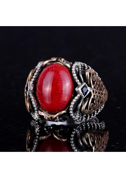 Doğal Mercan Taşı Yüzük, 925 Ayar Gümüş Yüzük Erkekler Için, Oval Kırmızı Mercan Yüzük fırsatları