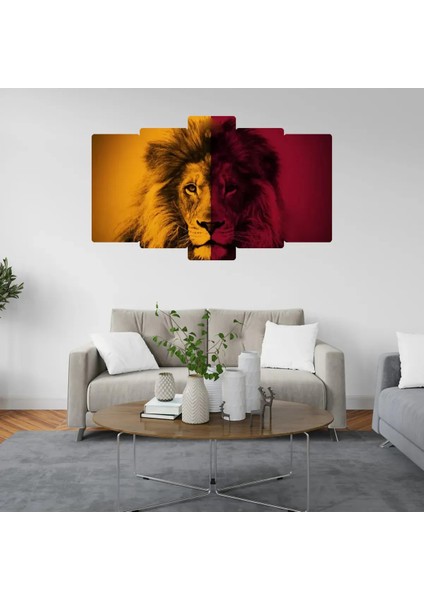 Sarı Kırmızı Renkli Aslan 5 Parçalı Mdf Tablo