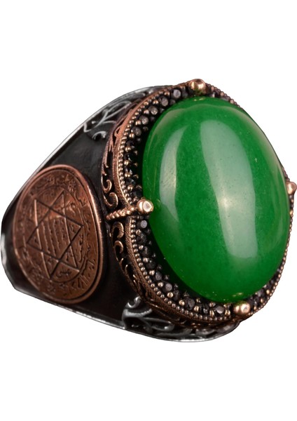 Gümüş Süleyman Mührü Yüzüğü, Yeşil Taş Yüzük - Huzurlu 925K Katı Gümüş Erkek Yüzüğü - Uyum ve Refah Tasarımı
