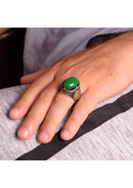 Gümüş Süleyman Mührü Yüzüğü, Yeşil Taş Yüzük - Huzurlu 925K Katı Gümüş Erkek Yüzüğü - Uyum ve Refah Tasarımı fiyatları