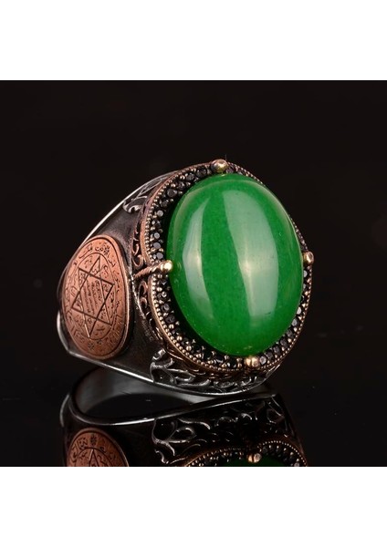 Gümüş Süleyman Mührü Yüzüğü, Yeşil Taş Yüzük - Huzurlu 925K Katı Gümüş Erkek Yüzüğü - Uyum ve Refah Tasarımı fırsatları