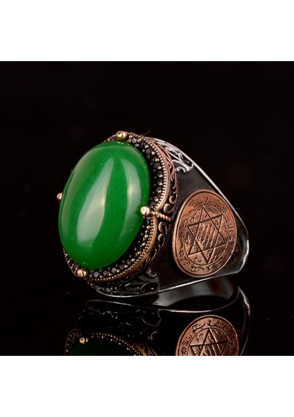 Gümüş Süleyman Mührü Yüzüğü, Yeşil Taş Yüzük - Huzurlu 925K Katı Gümüş Erkek Yüzüğü - Uyum ve Refah Tasarımı indirimleri