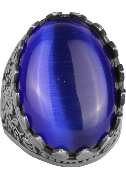 925 Ayar Gümüş Yüzük - Gül Desenli Yüzük - Erkekler Için Yapay Taş Yüzük - El Yapımı Yüzük (Yapay Lacivert Kedigözü)